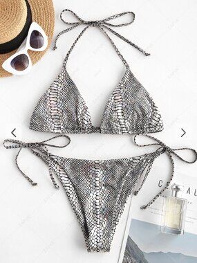 ZAFUL Snakeskin Metallic Halter Sexy String Bikini Swimwear - Silver M